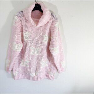 Vintage Chunky Hand Knit Sweater Turtleneck Powder Pink White Butterflies Wool L